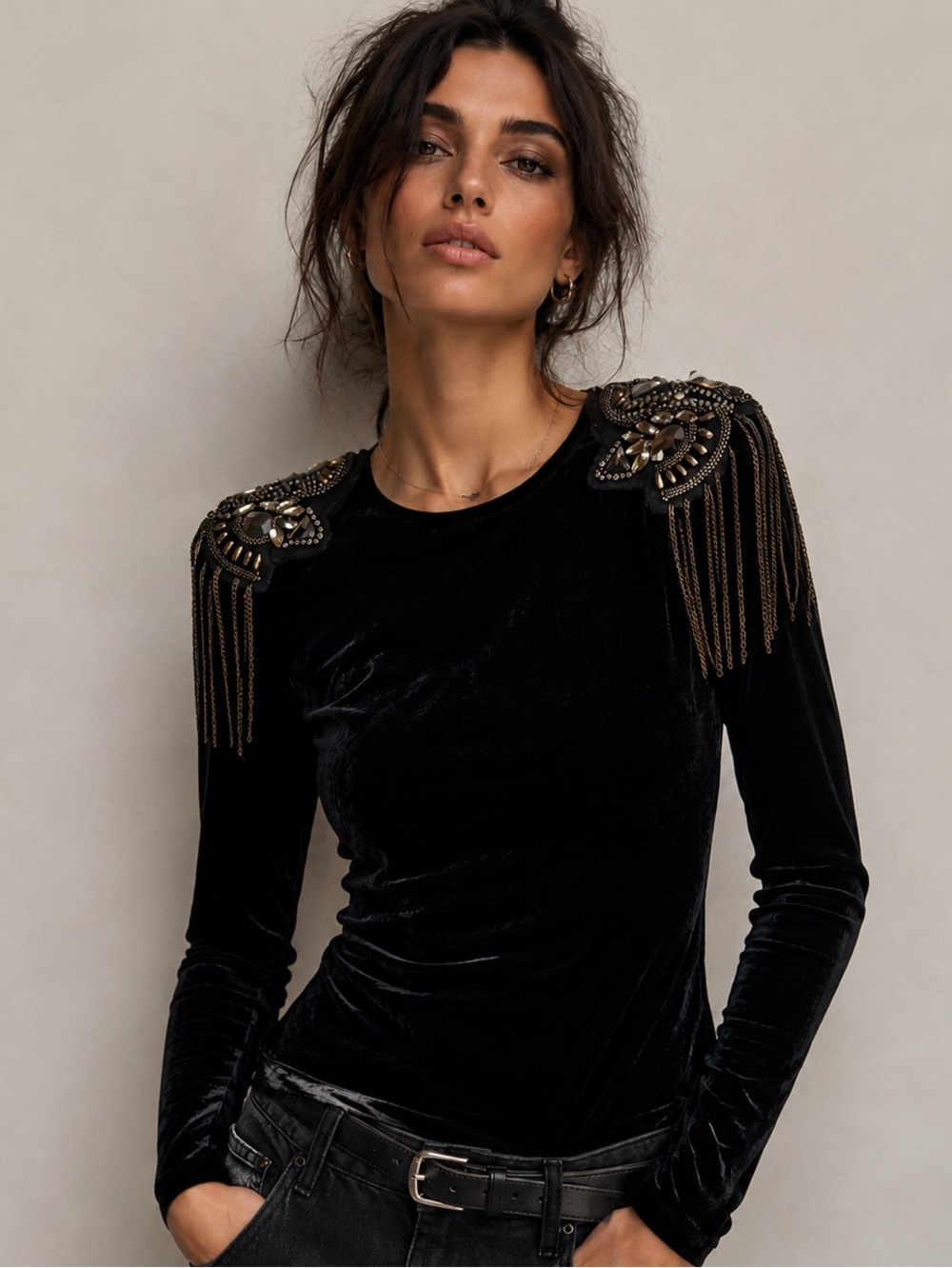 Zara Black Velvet Embellished Shoulder Bodysuit Top SZ M